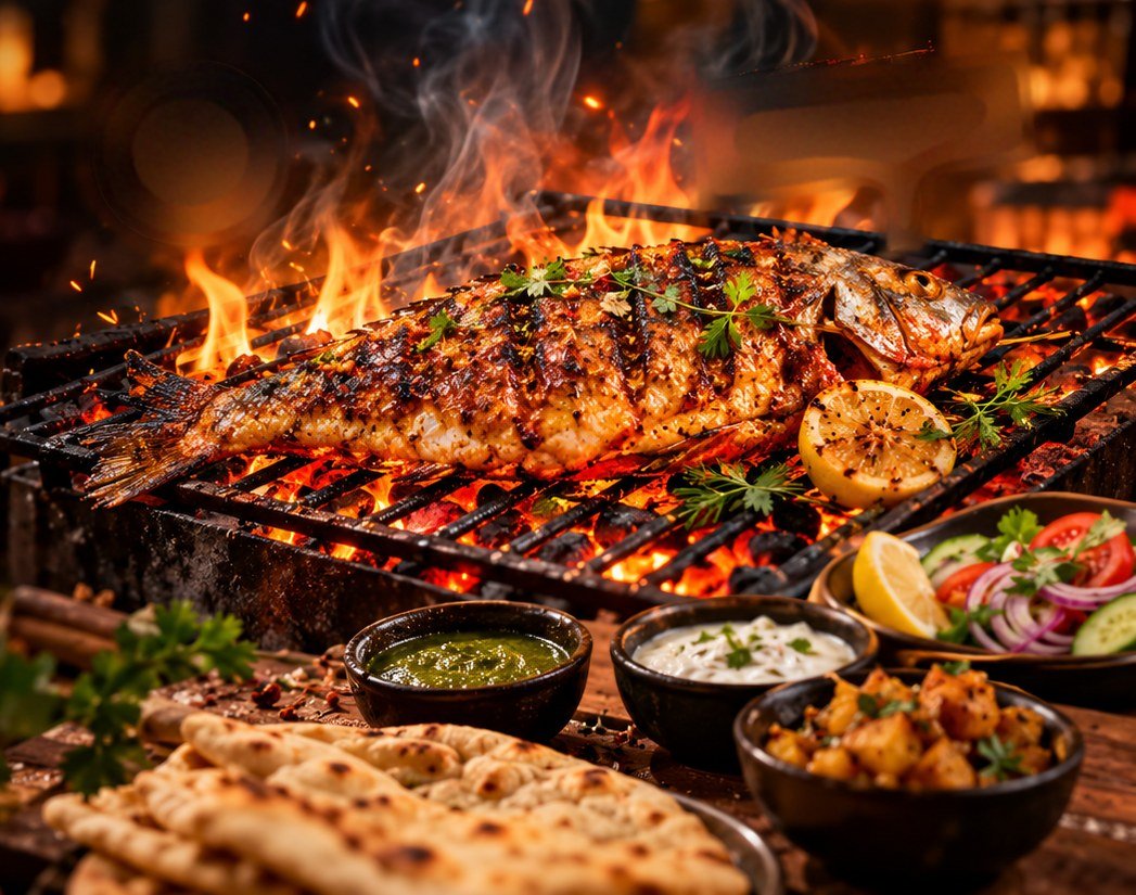 Whole fish grilling over charcoal with chutney, raita, naan and salad