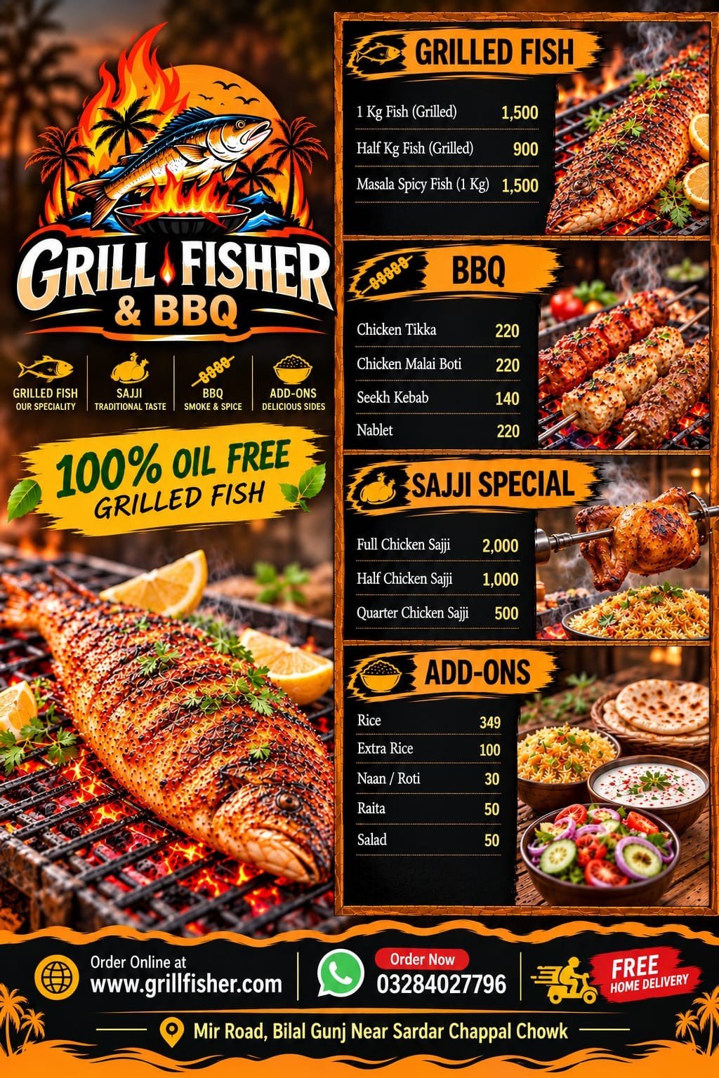 Grill Fisher & BBQ full menu card with prices
